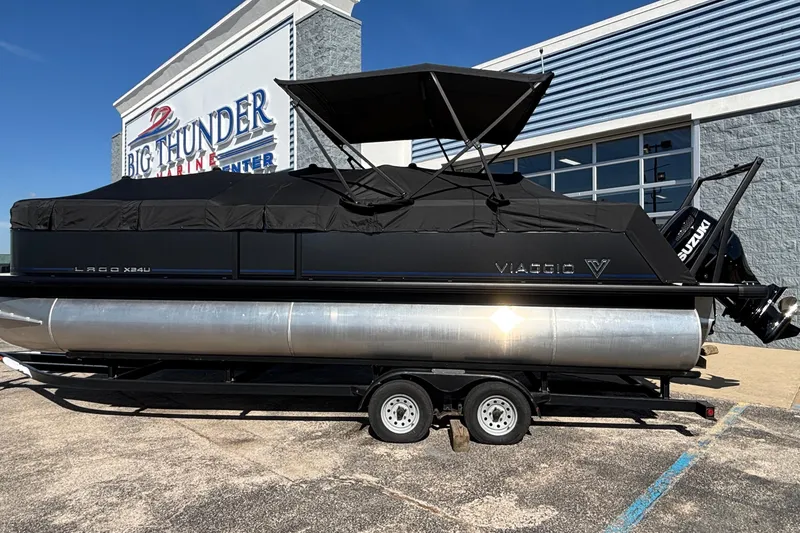 Slide: The Image of 2026 Viaggio X24U pontoon boat with black cover at Big Thunder Marine Center. - 35