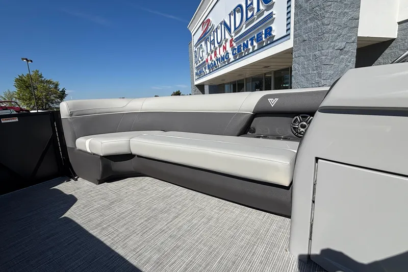 Slide: The Image of 2026 Viaggio X24U boat interior with sleek seating at Big Thunder Marine Center. - 8