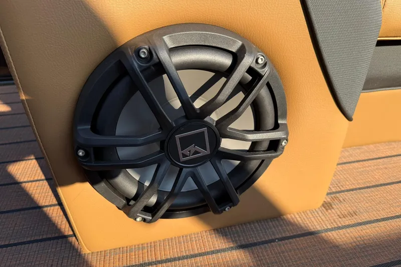 Slide: The Image of Close-up of a speaker on a 2025 Bentley Pontoons Elite 253 Swingback boat. - 8