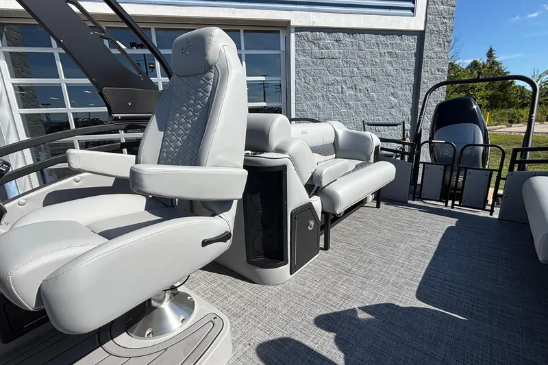 Slide: The Image of Luxurious seating on 2026 JC Neptoon 25TT Sport pontoon boat, featuring modern design and comfort. - 25