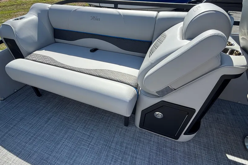 Slide: The Image of Luxurious seating on 2026 JC Neptoon 25TT Sport pontoon boat, featuring elegant gray upholstery. - 28