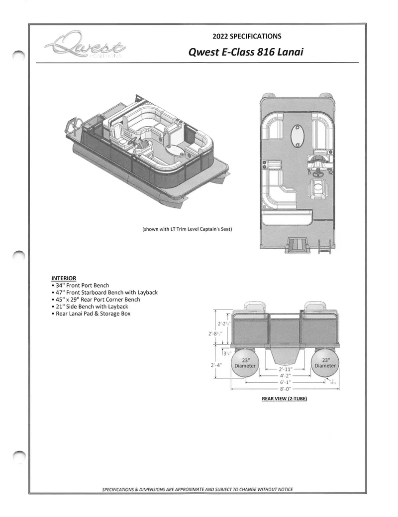 Slide: The Image of Diagram of 2023 Qwest NEW 816 Lanai LT boat with specifications and layout. - 11