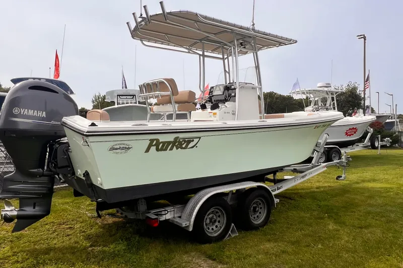 Slide: The Image of 2018 Parker 2100 Special Edition boat on trailer with Yamaha outboard motor. - 8