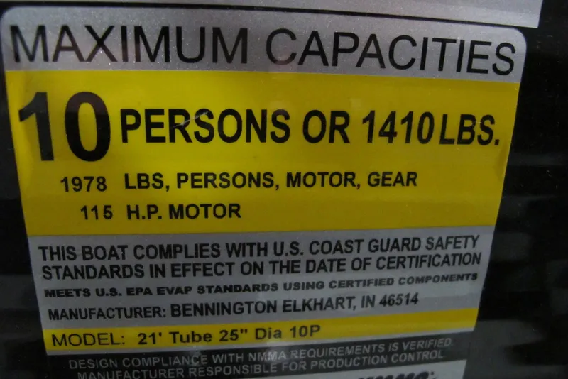 Slide: The Image of 2022 Bennington SX 22 Fishing boat capacity label, 10 persons or 1410 lbs, 115 HP motor. - 11