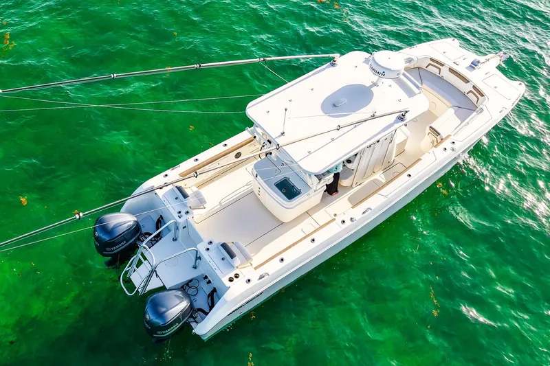 Slide: The Image of 2018 World Cat 320 CC boat on clear green water, aerial view. - 5