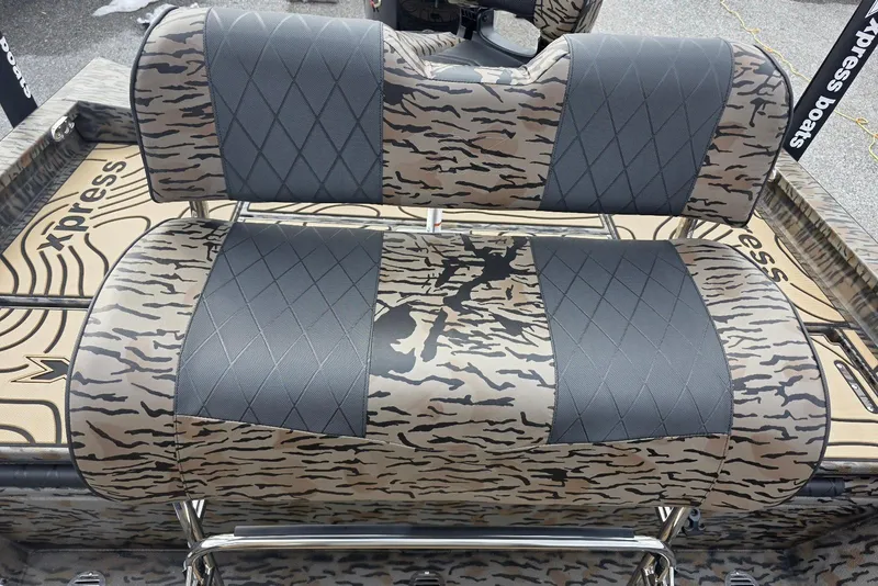 Slide: The Image of 2026 Xpress H20B Bay boat seats with camouflage and diamond-patterned upholstery. - 43