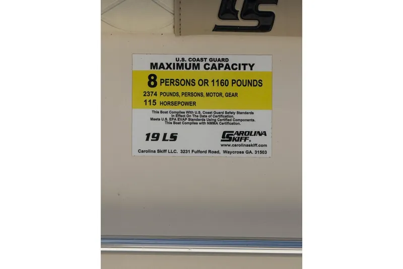 Slide: The Image of 2020 Carolina Skiff 19 LS capacity label, 8 persons, 1160 pounds, 115 horsepower. - 21