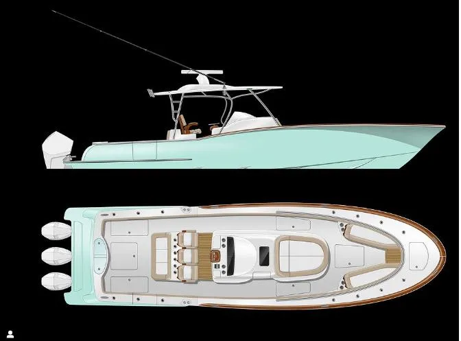 Slide: The Image of 2025 Mag Bay 38 CC boat side and top view illustration. - 22