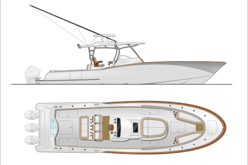 Slide: The Image of 2026 Mag Bay 38 CC boat design, side and top view, showcasing sleek lines and spacious layout. - 24