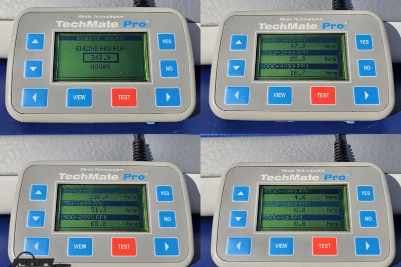 Slide: The Image of TechMate Pro displays engine hours and RPM data for 2004 Baja 29 Outlaw. - 86
