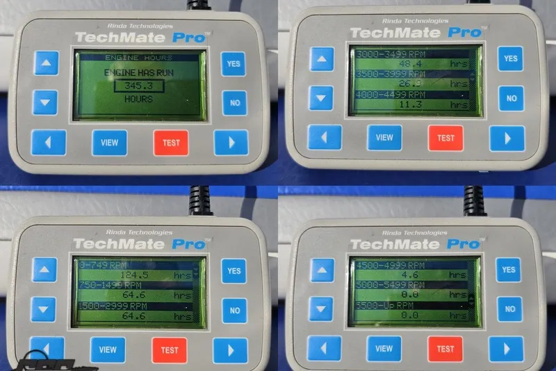 Slide: The Image of TechMate Pro displays engine hours and RPM data for 2004 Baja 29 Outlaw. - 87