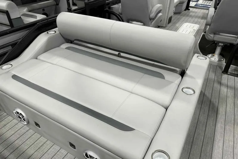 Slide: The Image of 2026 Bentley Pontoons Legacy 243 interior with luxurious seating and modern design. - 22
