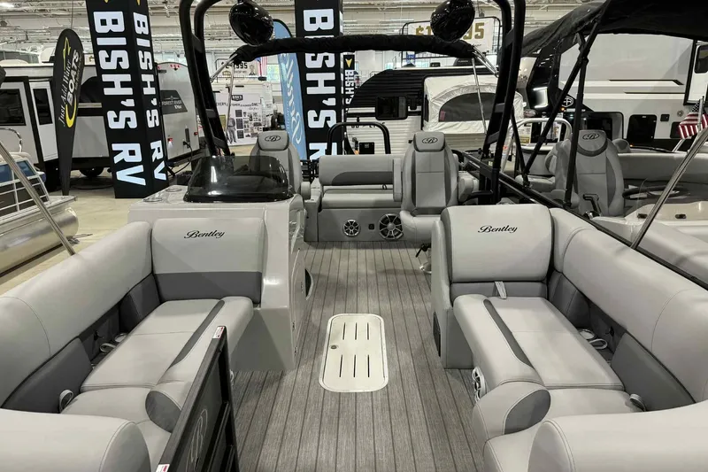 Slide: The Image of 2026 Bentley Pontoons Legacy 243 interior with dual captain seats and full tube tower. - 6