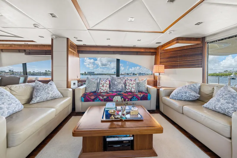 Slide: The Image of Luxurious interior of 2008 Sunseeker 90 Yacht with elegant seating and scenic views. - 101