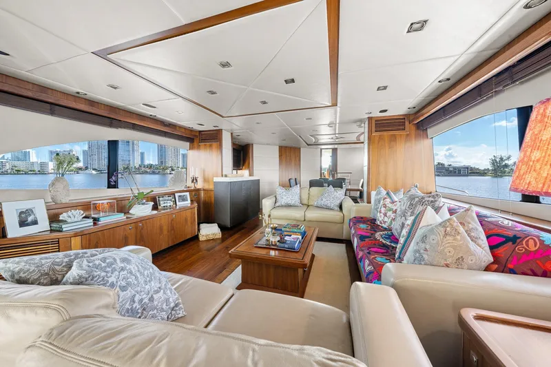 Slide: The Image of Luxurious interior of a 2008 Sunseeker 90 Yacht with elegant furnishings and scenic views. - 102