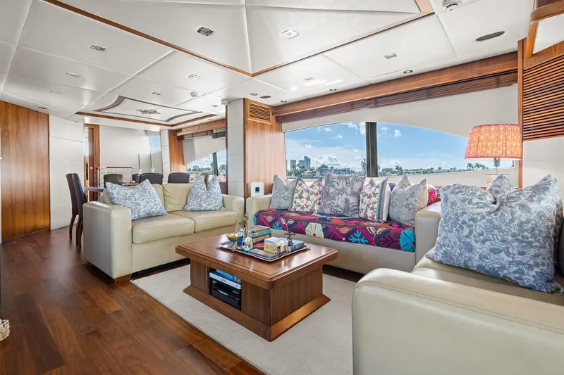 Slide: The Image of Luxurious interior of 2008 Sunseeker 90 Yacht with elegant seating and panoramic windows. - 104