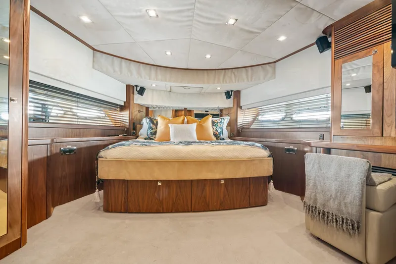 Slide: The Image of Luxurious bedroom interior of 2008 Sunseeker 90 Yacht with elegant wood finishes. - 64