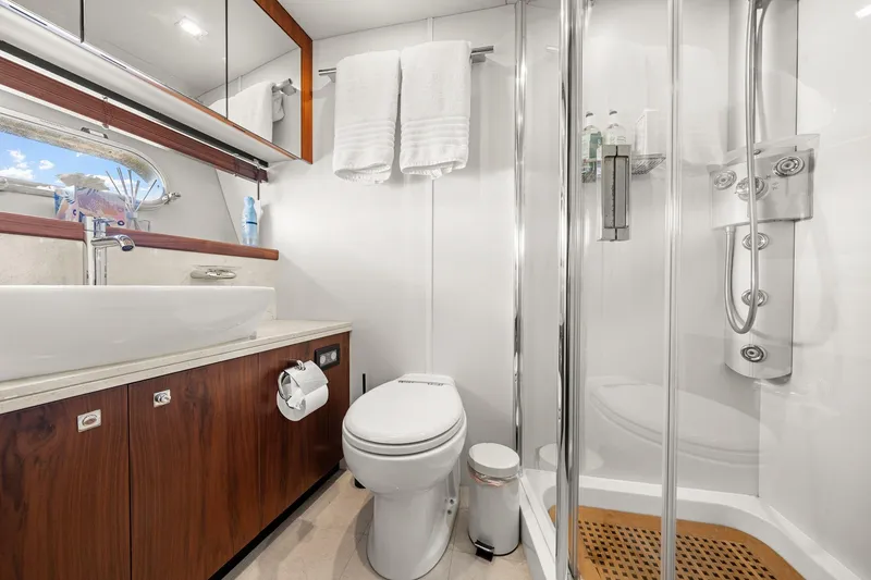 Slide: The Image of Luxurious bathroom in 2008 Sunseeker 90 Yacht with modern fixtures and elegant design. - 67