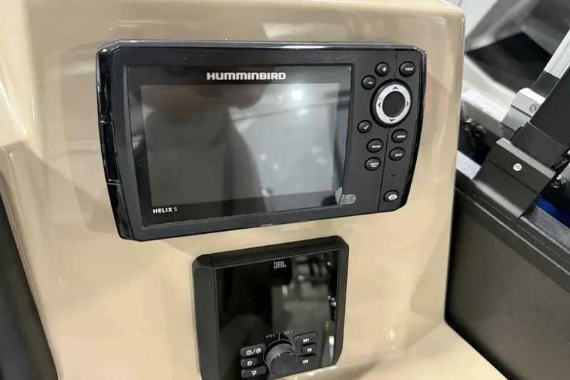 Slide: The Image of Helix 5 fish finder and JBL audio system on 2026 Bentley Pontoons Legacy 243. - 11