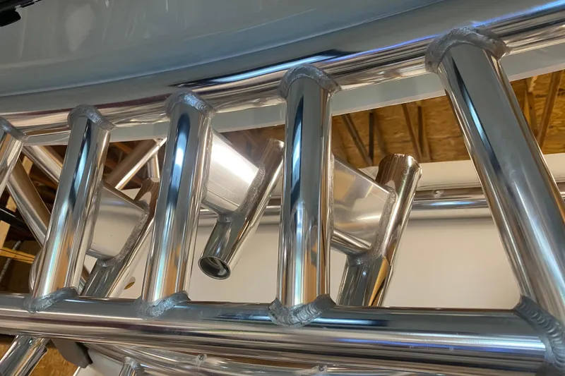 Slide: The Image of Close-up of polished metal framework on 2022 Front Runner 39 CC boat. - 15