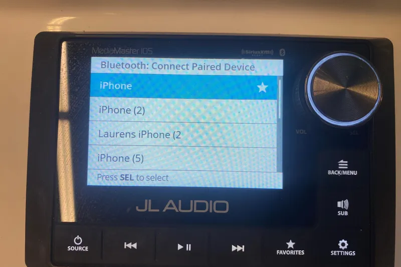 Slide: The Image of JL Audio MediaMaster 105 displaying Bluetooth device connection options on Front Runner 39 CC, 2022. - 28