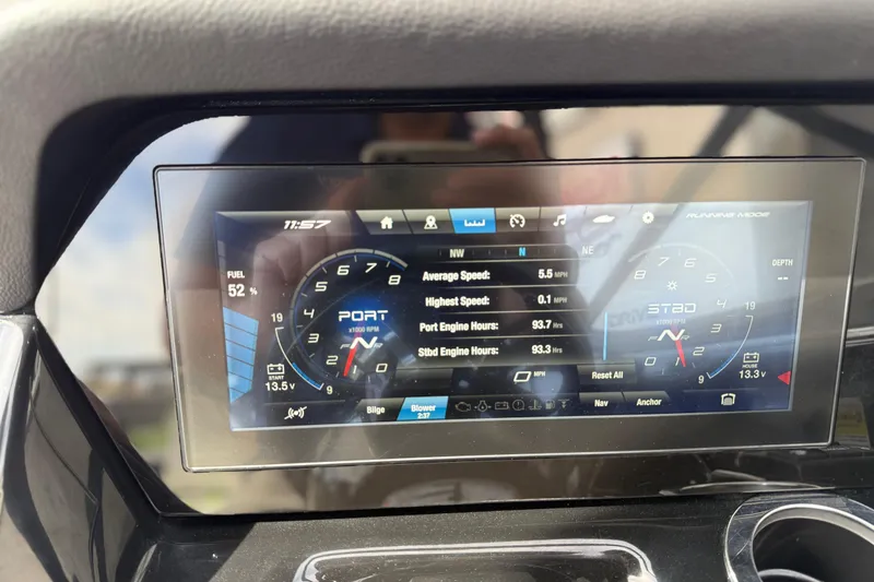 Slide: The Image of Dashboard of 2022 Yamaha Boats 212XD showing speed, fuel, and engine data. - 43