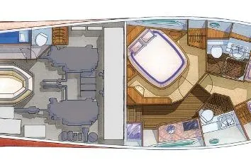 Slide: The Image of 2007 Mochi Craft 44 Dolphin yacht interior layout with bedroom, bathroom, and engine room. - 33