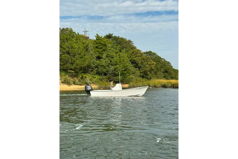 Slide: The Image of 2025 Privateer 20 Roamer boat cruising near a lush, green shoreline. - 18