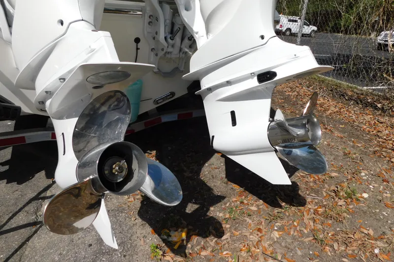 Slide: The Image of Twin Yamaha 300 V6 outboard engines on a 2026 Cobia 285 Center Console boat. - 48