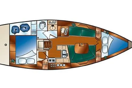 Slide: The Image of 2006 Hunter 38 sailboat interior layout with cabins, kitchen, and bathroom. - 56