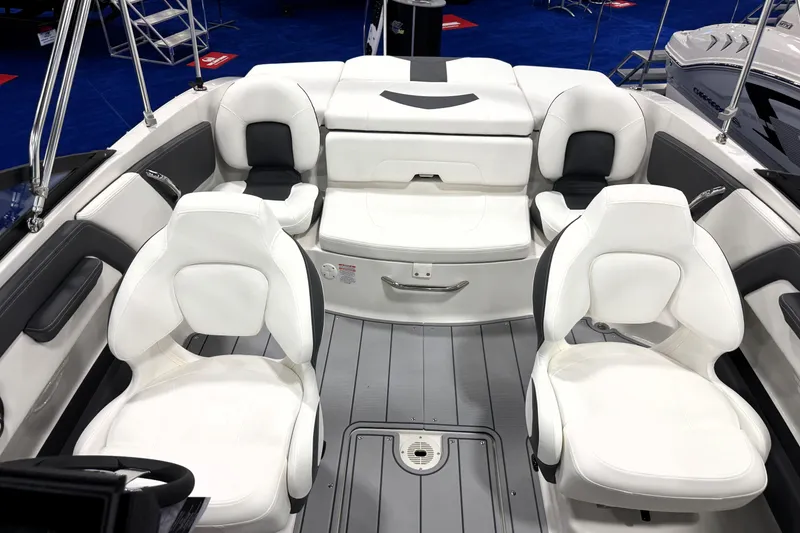 Slide: The Image of 2026 Chaparral 21 SSi Ski & Fish boat interior with white seating and modern design. - 17