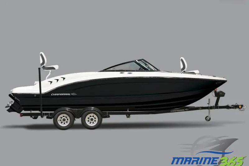 Slide: The Image of 2026 Chaparral 21 SSi Ski & Fish boat displayed at an indoor exhibition. - 2