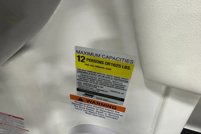 Slide: The Image of 2026 Chaparral 21 SSi Ski & Fish boat capacity label, 12 persons or 1625 lbs. - 32