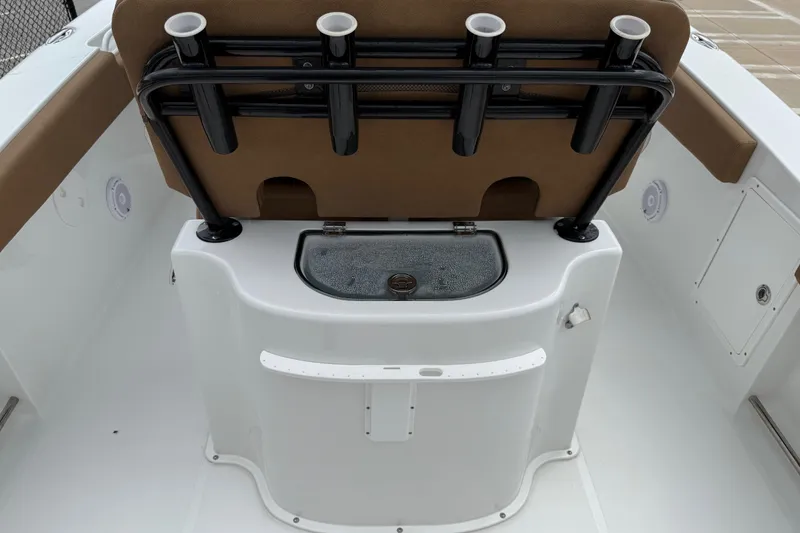 Slide: The Image of 2021 Sea Hunt Gamefish 27 Forward Seating boat interior with rod holders and storage. - 36