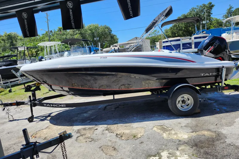 Slide: The Image of 2023 Tahoe T18 boat on trailer, parked outdoors under a sunny sky. - 23