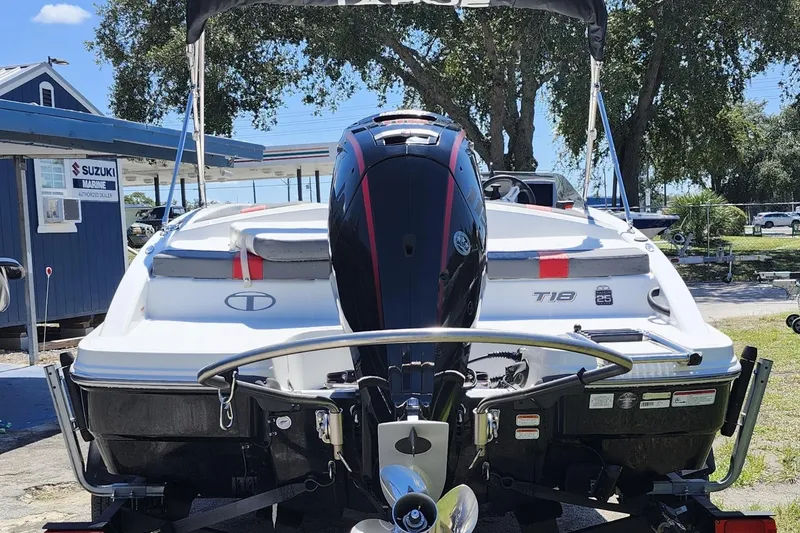Slide: The Image of 2023 Tahoe T18 boat with Suzuki outboard motor at a marine dealership. - 4