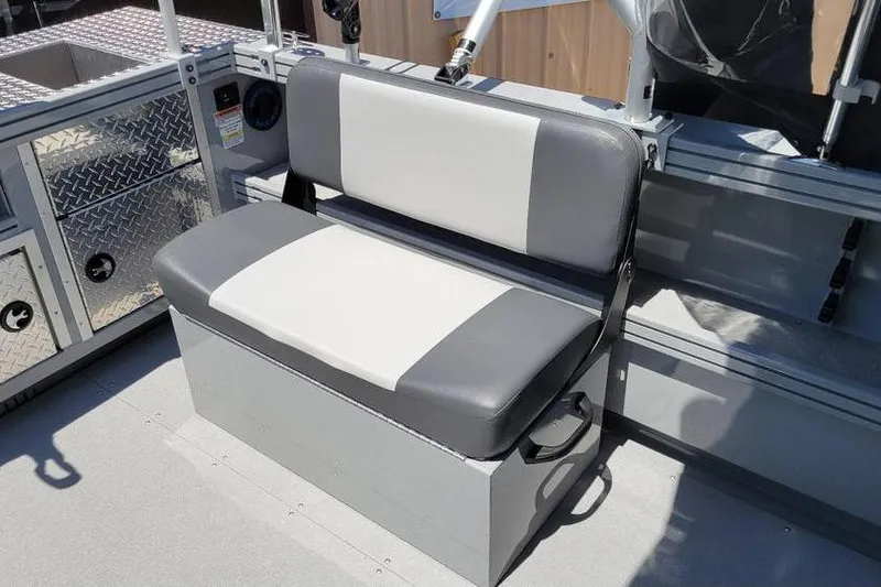 Slide: The Image of 2025 Smoker Craft Phantom 20 X2 OS boat seat, gray and white design. - 22