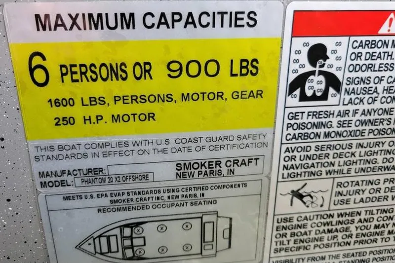 Slide: The Image of Maximum capacity label for 2025 Smoker Craft Phantom 20 X2 OS boat, 6 persons or 900 lbs. - 8