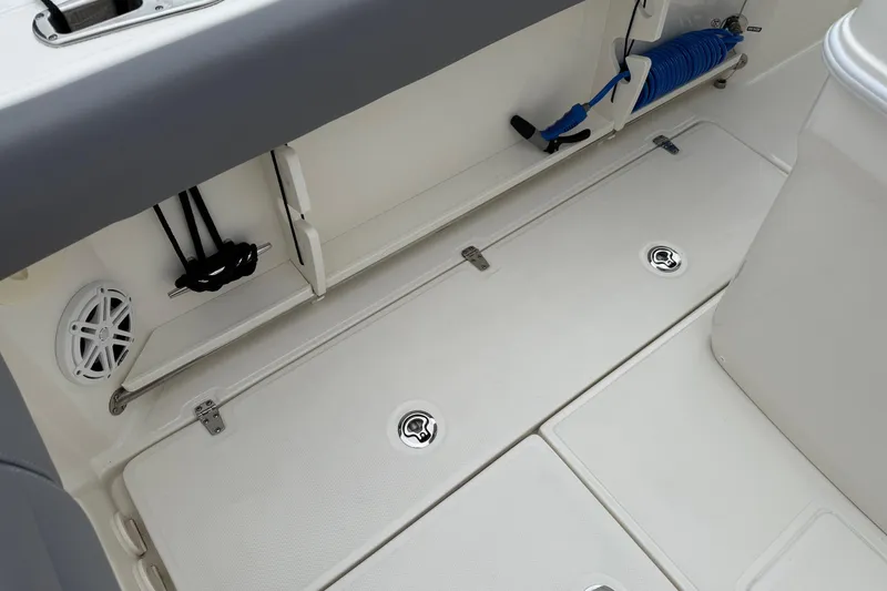 Slide: The Image of 2024 Boston Whaler 250 Outrage covered at marina dock, overcast sky. - 21