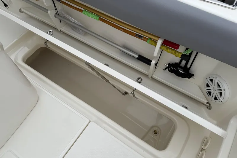 Slide: The Image of 2024 Boston Whaler 250 Outrage covered at dock, overcast day, waterfront homes in background. - 25