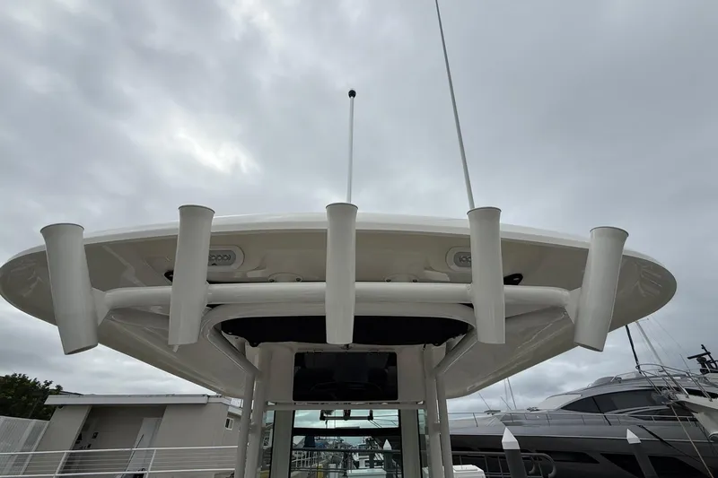 Slide: The Image of 2024 Boston Whaler 250 Outrage boat interior with speaker and electrical connection. - 33