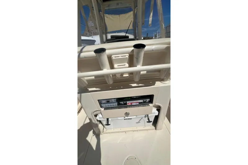Slide: The Image of 2023 Grady-White Fisherman 257 boat interior with rod holders and storage compartments. - 17