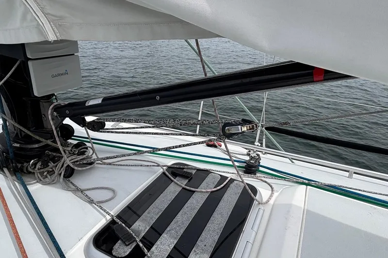 Slide: The Image of 2008 J Boats J/122 sailboat deck with rigging and Garmin equipment. - 15