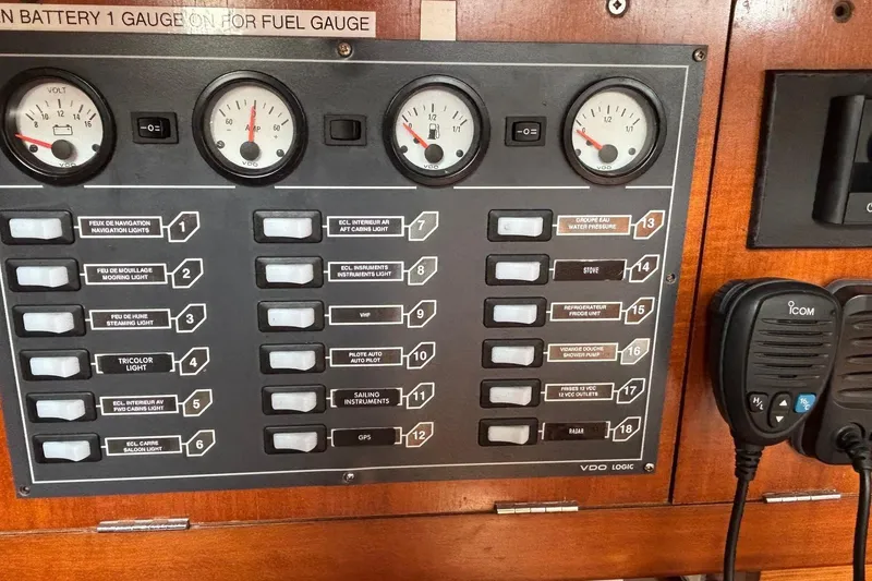 Slide: The Image of Electrical control panel on a 2008 J Boats J/122 sailboat with gauges and switches. - 33