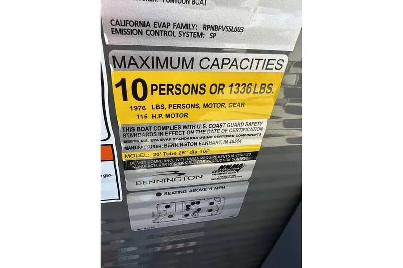 Slide: The Image of 2025 Bennington 20 SF Family boat capacity label, 10 persons or 1336 lbs, 116 HP motor. - 13