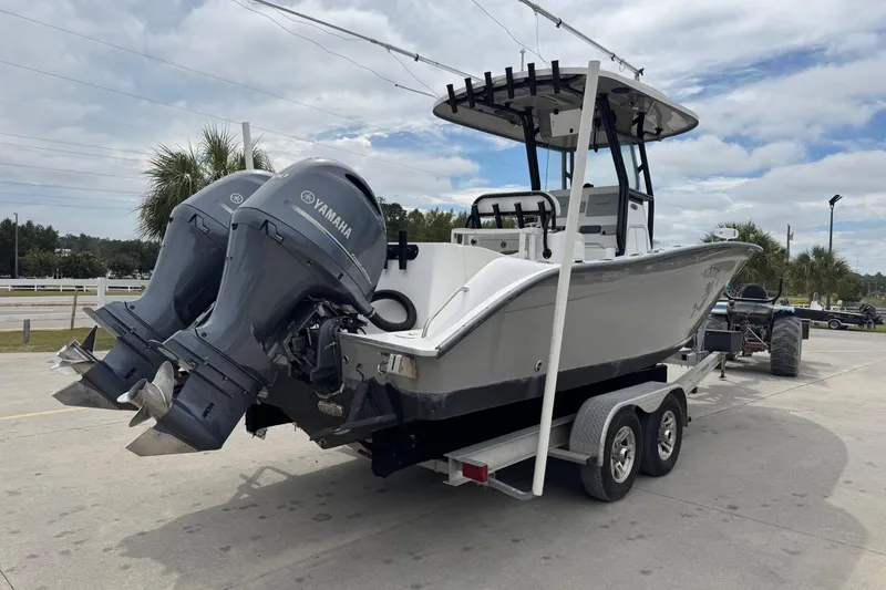 Slide: The Image of 2018 Cape Horn 27 boat with dual Yamaha engines on a trailer. - 5