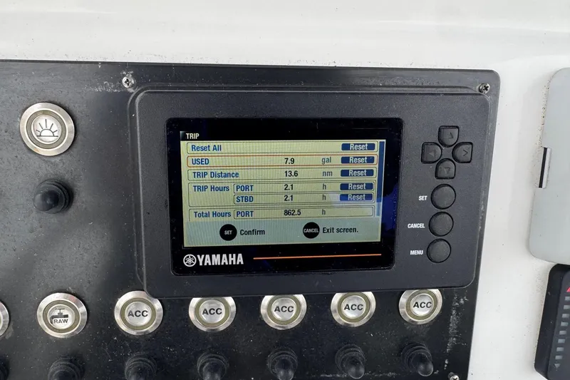 Slide: The Image of Yamaha boat dashboard display showing trip data on a 2018 Cape Horn 27. - 7