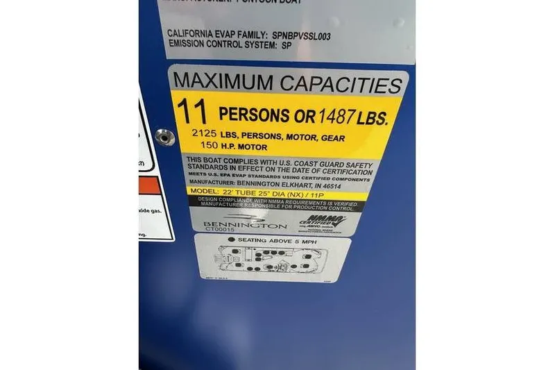 Slide: The Image of Capacity label on 2026 Bennington 23 SF Family boat, max 11 persons or 1487 lbs. - 22