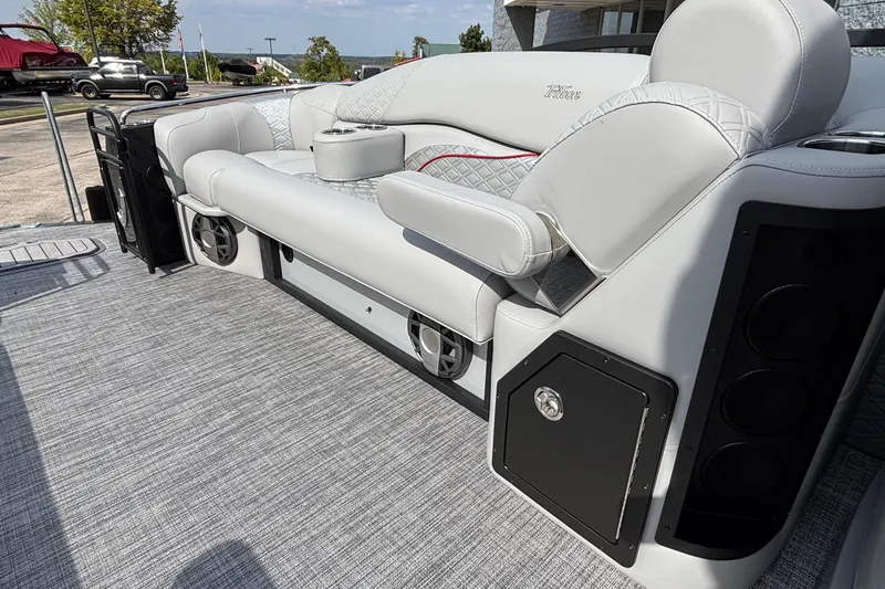 Slide: The Image of Luxurious seating on 2026 JC Sporttoon 26TT pontoon boat with premium upholstery and speakers. - 29