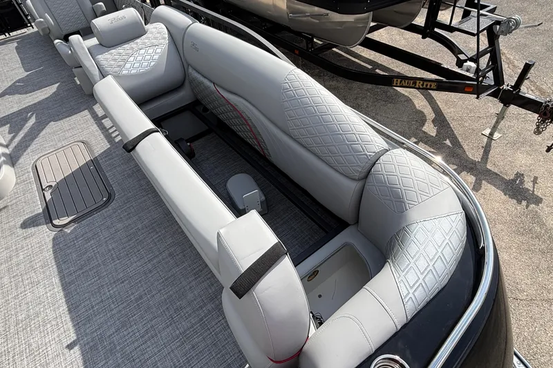 Slide: The Image of Luxurious seating on 2026 JC Sporttoon 26TT pontoon boat with diamond-pattern upholstery. - 31